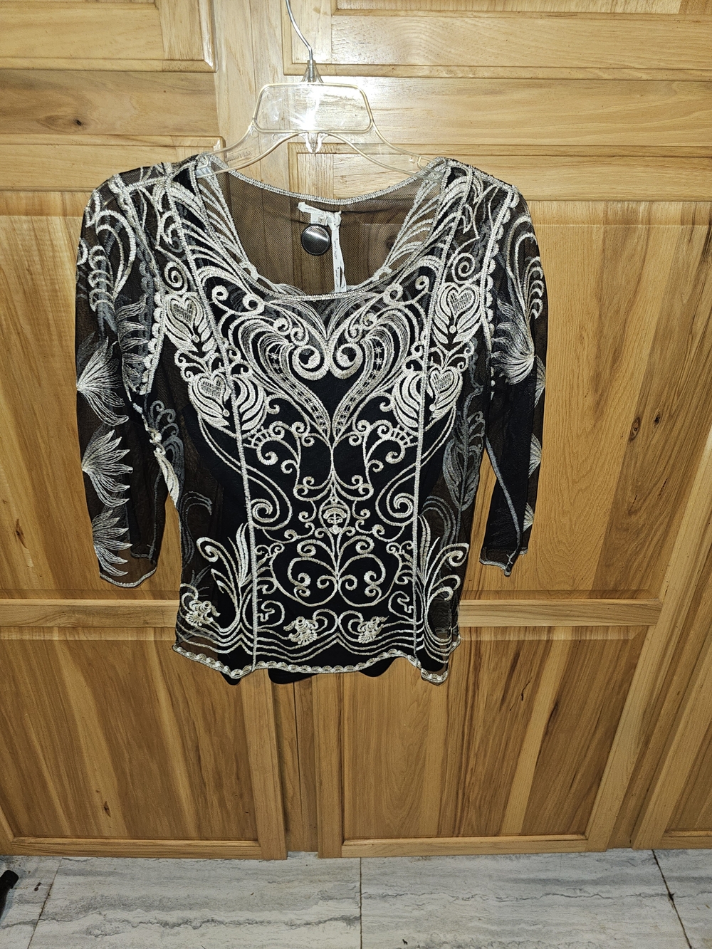 Ultra Pink Black Mesh Tunic with Silver Embroidered Swirls